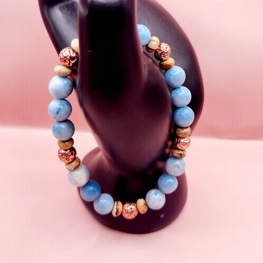 Larimar, Picture Jasper, and Lava Rock Beaded Bracelet